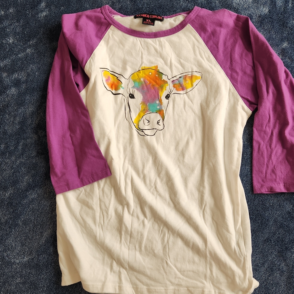 Rock And Roll Cowgirl Shirt with Colorful Cow Print